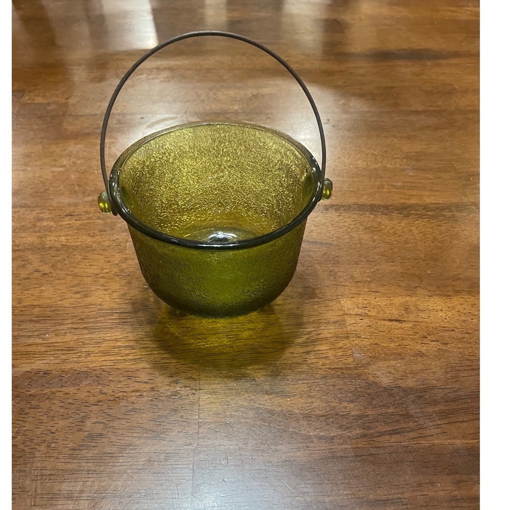 Vintage Olive Green Crinkle Glass Cauldron Bowl Metal Handle Tripod Feet MCM